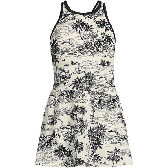 Land's End Tugless High Neck 1 piece swim dress egret white tropical floral Var - Picture 3 of 13